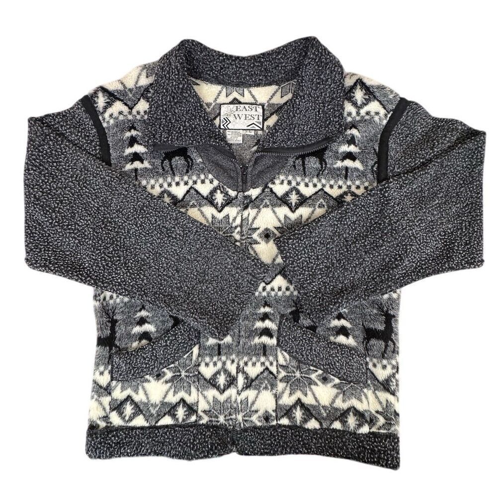 Vintage East West Women's Gray Fair Isle Fleece Zip-Up Jacket Size L